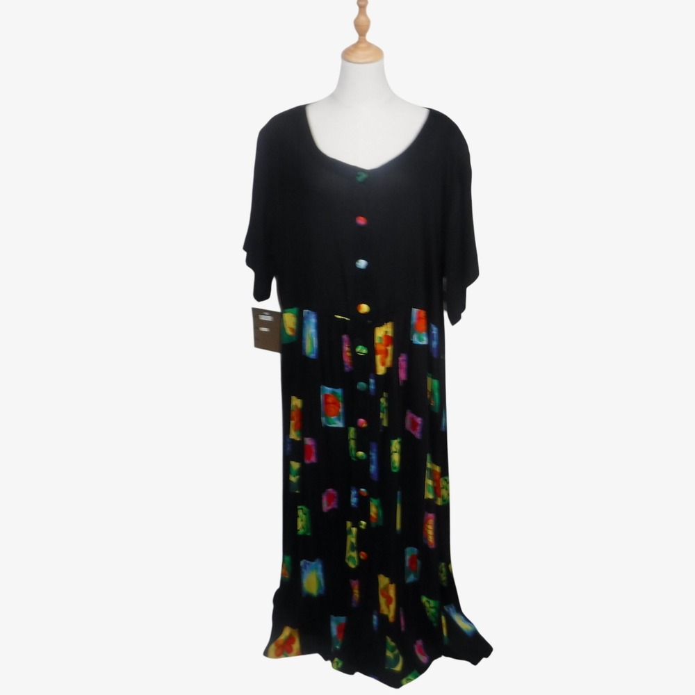 We Be Bop Womens 3X Maxi Dress Black Multicolor Abstract Rayon Button Pocket
